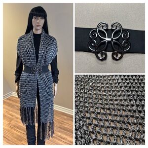 Metallic Silver Crochet Fringe Longline Scarf & Black Cinch Belt Set